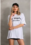 Kadın Baskılı Tişört Kısa Kol Bisiklet Yaka Oversize T-shirt - Beyaz