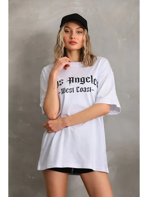 Kadın Baskılı Tişört Kısa Kol Bisiklet Yaka Oversize T-shirt - Beyaz