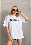 Kadın Kısa Kol Yazlık Tişört Bisiklet Yaka Baskılı Oversize T-shirt - Beyaz