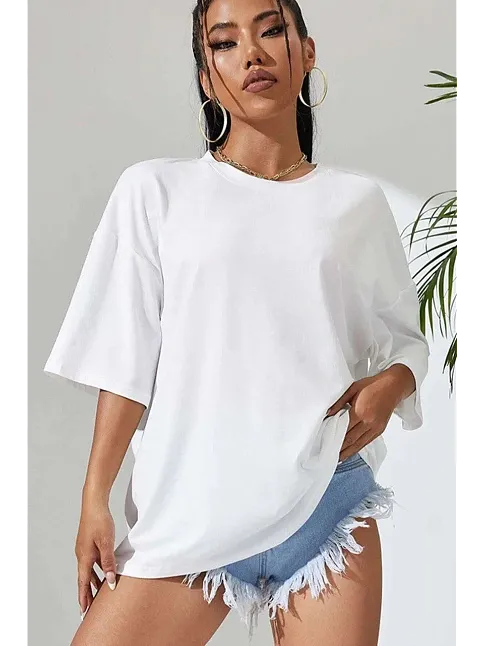 Kadın Baskılı Oversize Kısa Kol T-shirt - Beyaz