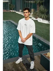Erkek Kısa Kol Tişört Bisiklet Yaka Filistin Poşulu Baskılı T-shirt - Beyaz