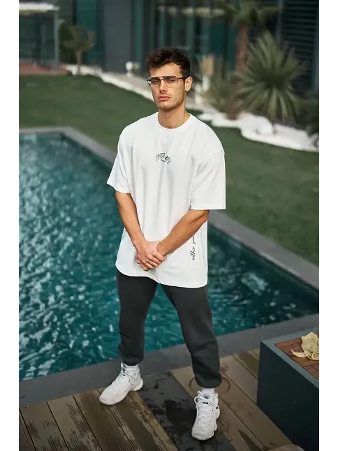 Erkek Kısa Kol Tişört Bisiklet Yaka Filistin Poşulu Baskılı T-shirt - Beyaz