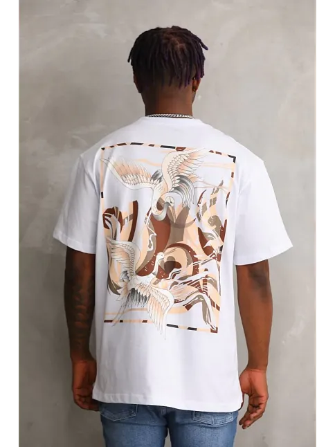 Erkek Baskılı T-shirt Kısa Kol Bisiklet Yaka Rahat Kalıp Tişört - Beyaz