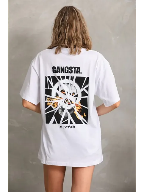 Kadın Kısa Kol Yazlık Tişört Bisiklet Yaka Baskılı Oversize T-shirt - Beyaz