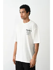 Erkek Kısa Kol Yazlık Tişört Bisiklet Yaka Baskılı Oversize T-shirt - Beyaz