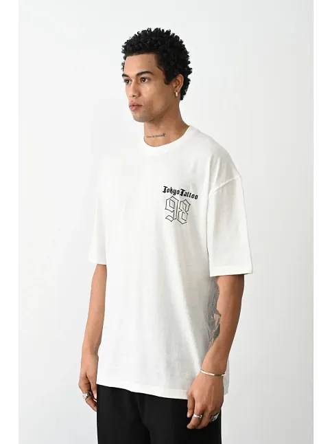Erkek Kısa Kol Yazlık Tişört Bisiklet Yaka Baskılı Oversize T-shirt - Beyaz
