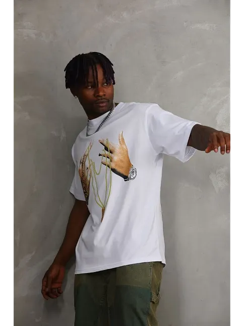 Erkek Baskılı T-shirt Kısa Kol Bisiklet Yaka Rahat Kalıp Tişört - Beyaz