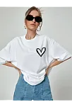 Kadın Tişort Kalp Baskılı Bisiklet Yaka Kısa Kol T-shirt - Beyaz