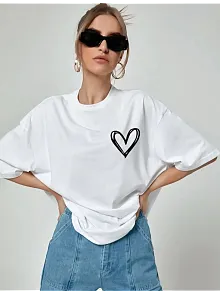 Kadın Tişort Kalp Baskılı Bisiklet Yaka Kısa Kol T-shirt - Beyaz