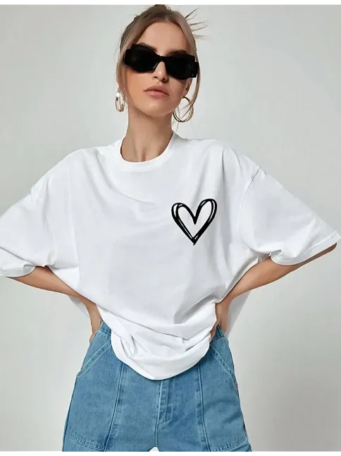 Kadın Tişort Kalp Baskılı Bisiklet Yaka Kısa Kol T-shirt - Beyaz