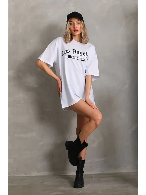 Kadın Baskılı Tişört Kısa Kol Bisiklet Yaka Oversize T-shirt - Beyaz