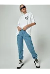 Kadın Tişort Kalp Baskılı Bisiklet Yaka Kısa Kol T-shirt - Beyaz