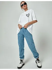 Kadın Tişort Kalp Baskılı Bisiklet Yaka Kısa Kol T-shirt - Beyaz
