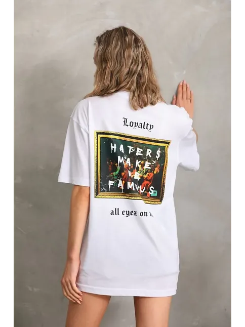 Kadın Ön Ve Arka Baskılı Oversize Kısa Kol  T-shirt - Beyaz