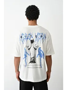 Erkek Kısa Kol Yazlık Tişört Bisiklet Yaka Baskılı Oversize T-shirt -  Beyaz