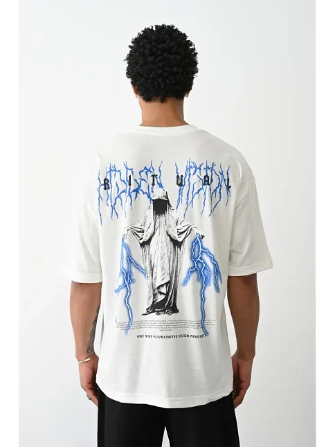 Erkek Kısa Kol Yazlık Tişört Bisiklet Yaka Baskılı Oversize T-shirt -  Beyaz