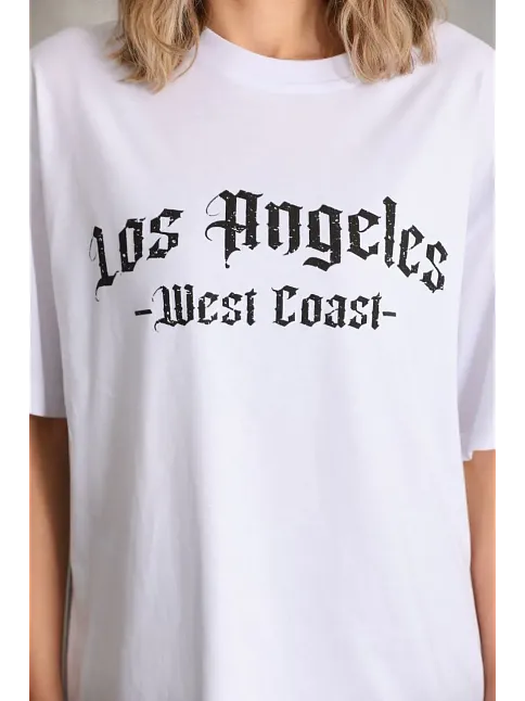 Kadın Baskılı Tişört Kısa Kol Bisiklet Yaka Oversize T-shirt - Beyaz
