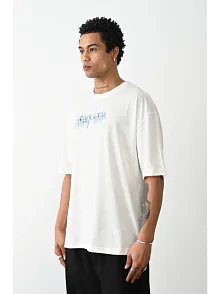 Erkek Kısa Kol Yazlık Tişört Bisiklet Yaka Baskılı Oversize T-shirt -  Beyaz