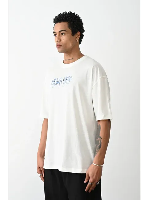 Erkek Kısa Kol Yazlık Tişört Bisiklet Yaka Baskılı Oversize T-shirt -  Beyaz