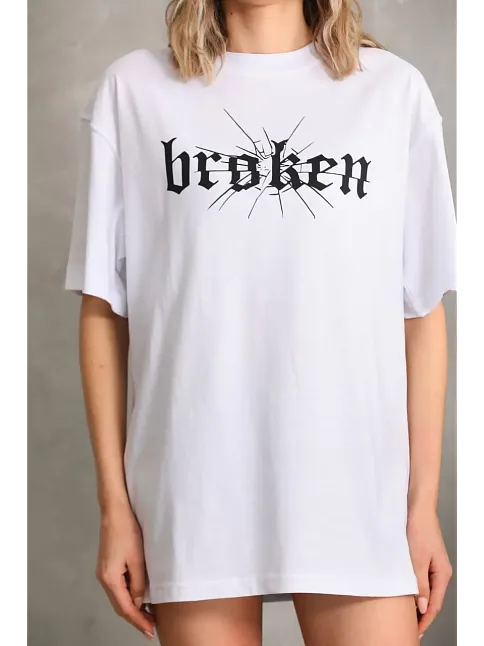 Kadın Kısa Kol Yazlık Tişört Bisiklet Yaka Baskılı Oversize T-shirt - Beyaz
