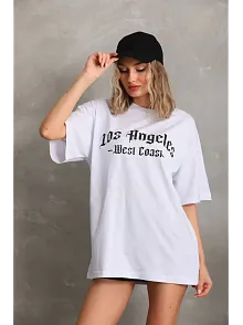 Kadın Baskılı Tişört Kısa Kol Bisiklet Yaka Oversize T-shirt - Beyaz
