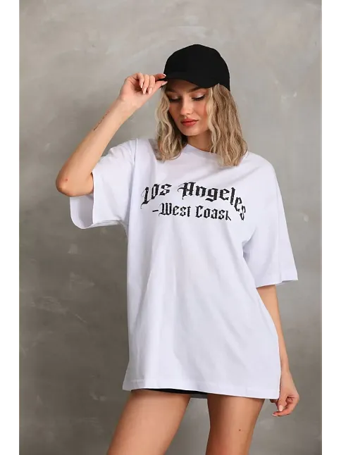 Kadın Baskılı Tişört Kısa Kol Bisiklet Yaka Oversize T-shirt - Beyaz