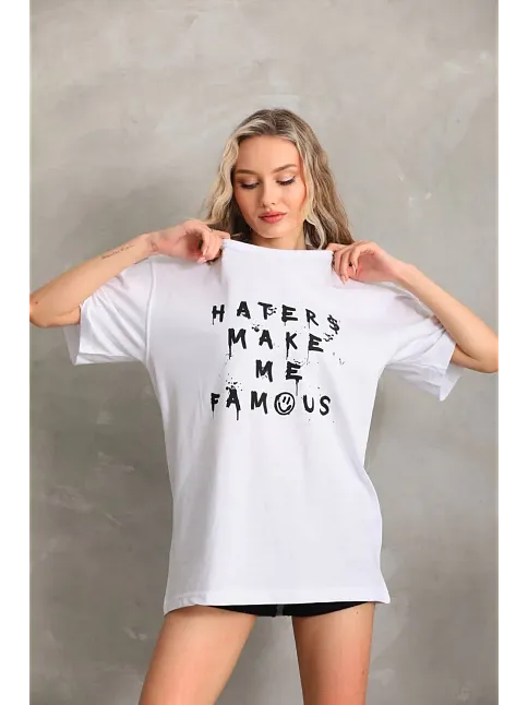 Kadın Ön Ve Arka Baskılı Oversize Kısa Kol  T-shirt - Beyaz