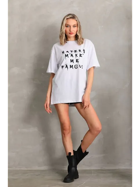 Kadın Ön Ve Arka Baskılı Oversize Kısa Kol  T-shirt - Beyaz