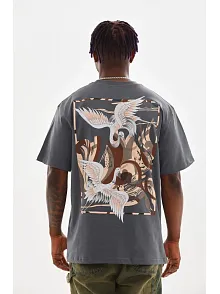 Erkek Baskılı T-shirt Kısa Kol Bisiklet Yaka Rahat Kalıp Tişört  - Füme