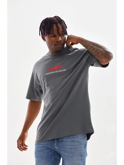 Erkek Baskılı T-shirt Kısa Kol Bisiklet Yaka Rahat Kalıp Tişört - Füme