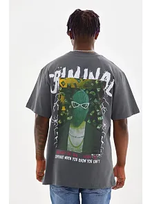 Erkek Baskılı T-shirt Kısa Kol Bisiklet Yaka Rahat Kalıp Tişört - Füme