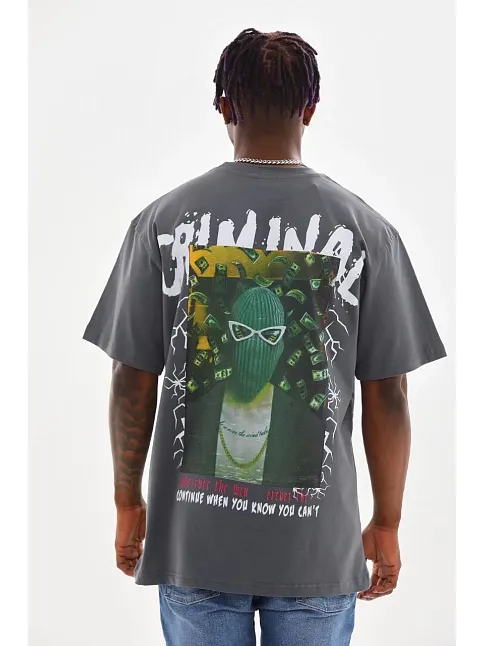Erkek Baskılı T-shirt Kısa Kol Bisiklet Yaka Rahat Kalıp Tişört - Füme