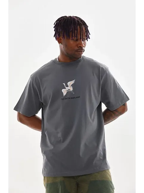 Erkek Baskılı T-shirt Kısa Kol Bisiklet Yaka Rahat Kalıp Tişört  - Füme