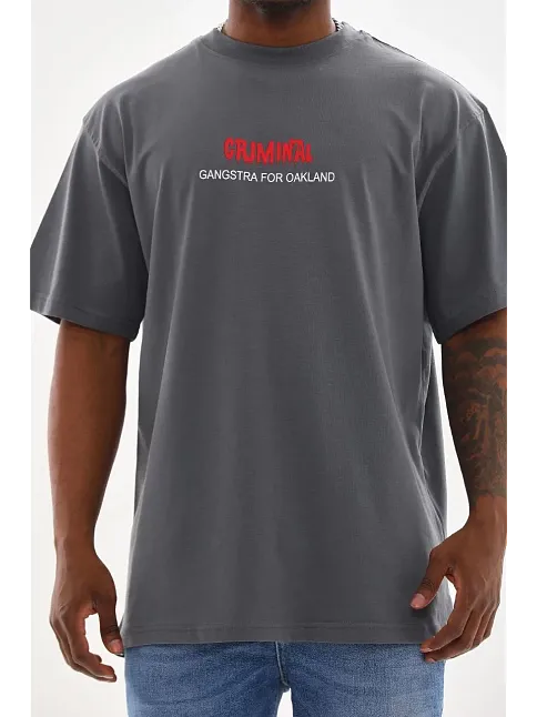 Erkek Baskılı T-shirt Kısa Kol Bisiklet Yaka Rahat Kalıp Tişört - Füme