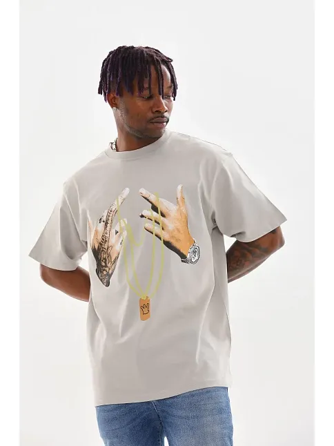 Erkek Baskılı T-shirt Kısa Kol Bisiklet Yaka Rahat Kalıp Tişört - Gri