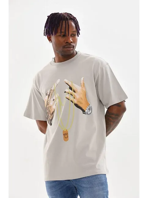Erkek Baskılı T-shirt Kısa Kol Bisiklet Yaka Rahat Kalıp Tişört - Gri