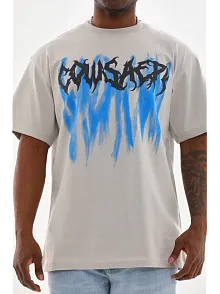 Erkek Baskılı T-shirt Kısa Kol Bisiklet Yaka Rahat Kalıp Tişört - Gri