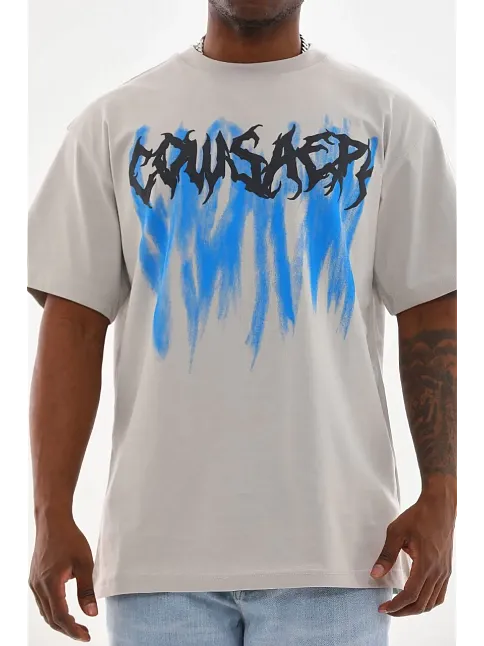 Erkek Baskılı T-shirt Kısa Kol Bisiklet Yaka Rahat Kalıp Tişört - Gri