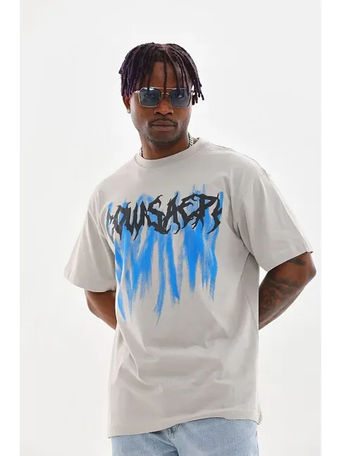 Erkek Baskılı T-shirt Kısa Kol Bisiklet Yaka Rahat Kalıp Tişört - Gri