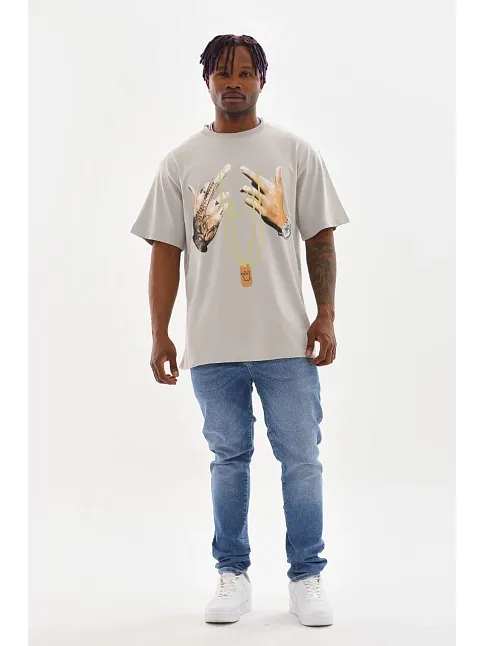 Erkek Baskılı T-shirt Kısa Kol Bisiklet Yaka Rahat Kalıp Tişört - Gri