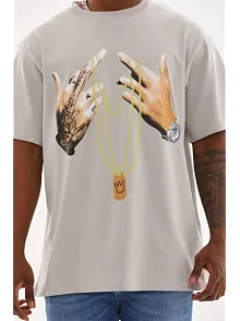 Erkek Baskılı T-shirt Kısa Kol Bisiklet Yaka Rahat Kalıp Tişört - Gri
