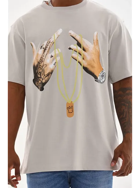 Erkek Baskılı T-shirt Kısa Kol Bisiklet Yaka Rahat Kalıp Tişört - Gri