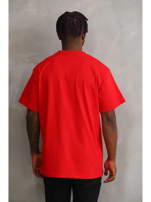 Erkek Baskılı T-shirt Kısa Kol Bisiklet Yaka Rahat Kalıp Tişört - Kırmızı