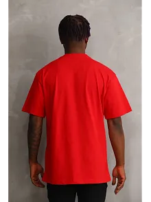Erkek Baskılı T-shirt Kısa Kol Bisiklet Yaka Rahat Kalıp Tişört - Kırmızı