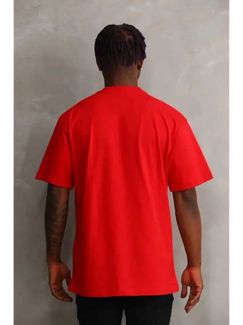 Erkek Baskılı T-shirt Kısa Kol Bisiklet Yaka Rahat Kalıp Tişört - Kırmızı