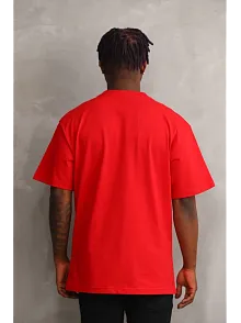 Erkek Baskılı T-shirt Kısa Kol Bisiklet Yaka Rahat Kalıp Tişört - Kırmızı