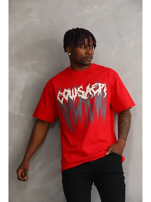 Erkek Baskılı T-shirt Kısa Kol Bisiklet Yaka Rahat Kalıp Tişört - Kırmızı