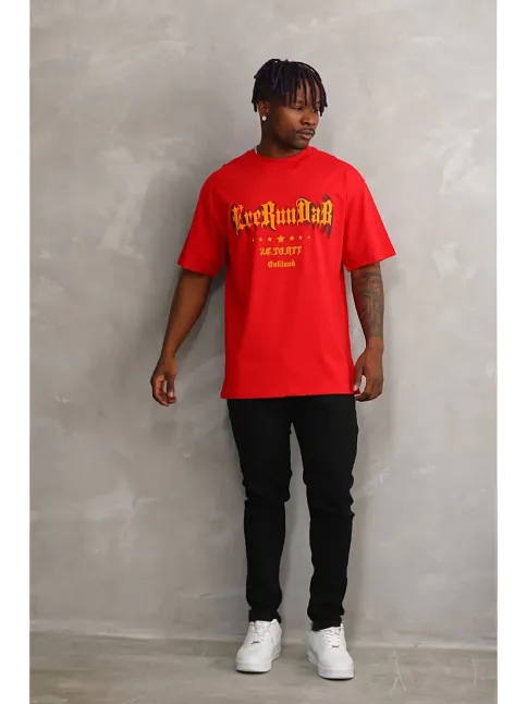 Erkek Baskılı T-shirt Kısa Kol Bisiklet Yaka Rahat Kalıp Tişört - Kırmızı