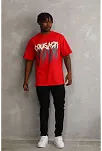 Erkek Baskılı T-shirt Kısa Kol Bisiklet Yaka Rahat Kalıp Tişört - Kırmızı