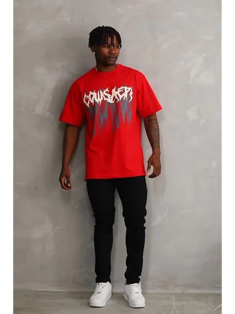Erkek Baskılı T-shirt Kısa Kol Bisiklet Yaka Rahat Kalıp Tişört - Kırmızı